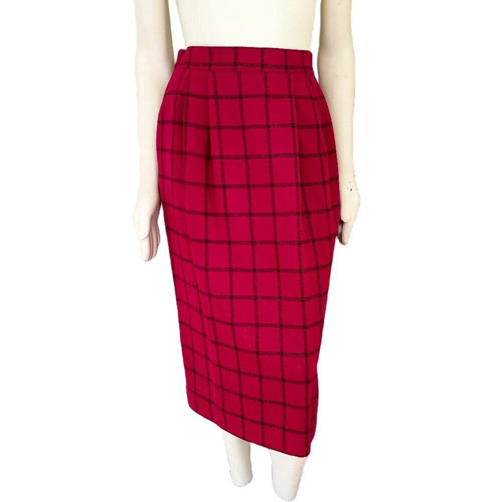 VTG CORBIN LTD 100% Wool Graph Plaid Midi Skirt with Pockets Red Black SZ 6